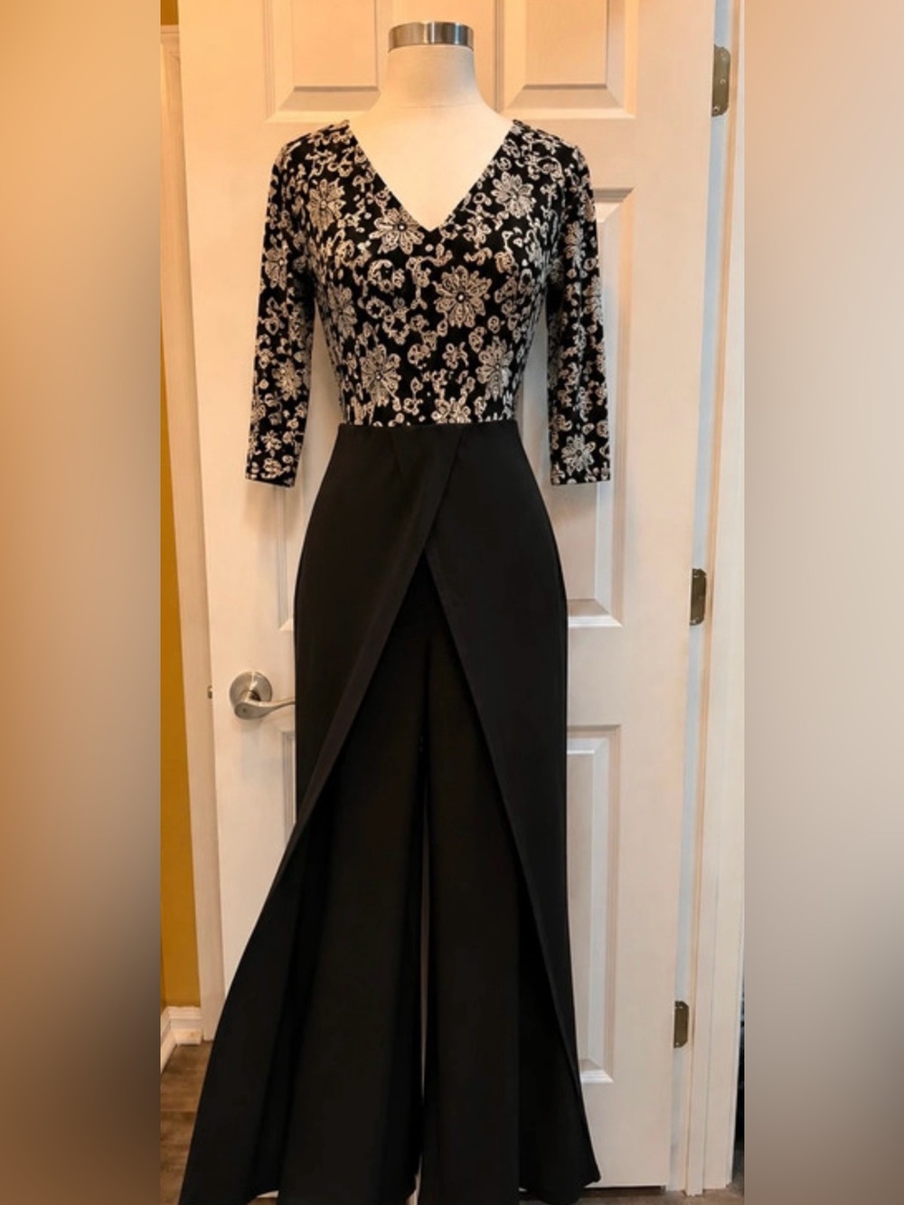 Black Floral-Top Evening Dress with Front Slit